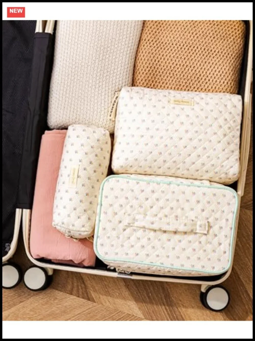 Quilted Cotton Makeup Bag Set of 3 Large Travel Toiletry Organizer Floral